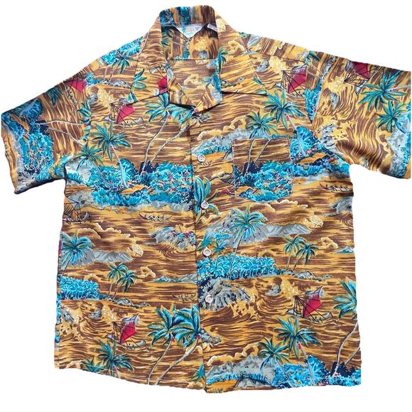 Vintage Waikiki 76 Mens Large Hawaiian Aloha Shirt Palm Trees Sail Boat Brown Lg - Picture 1 of 15